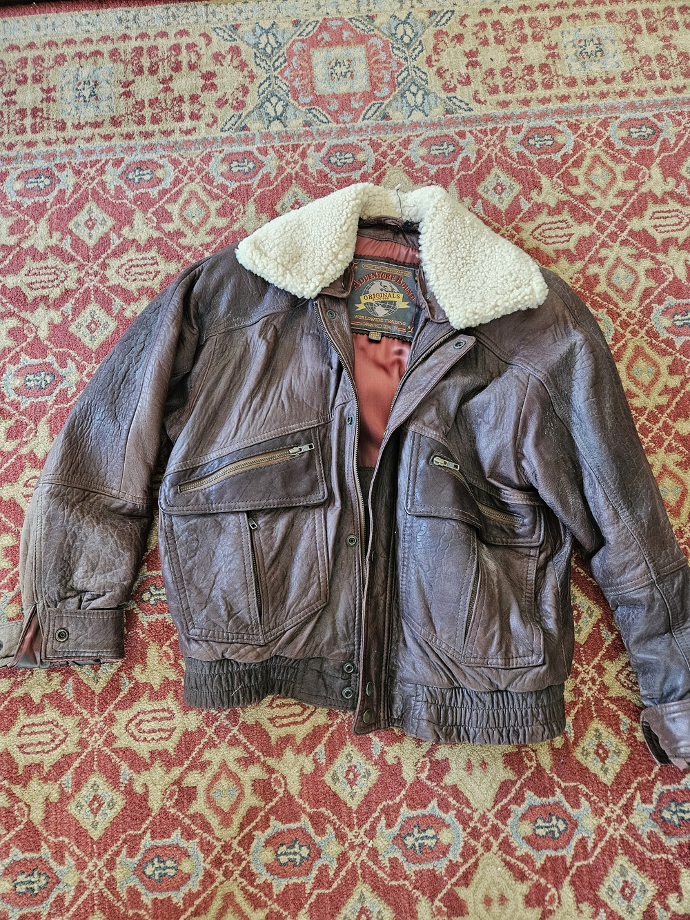 Women's Vintage Brown Leather Bomber Jacket with Detachable Cream Sherpa Collar